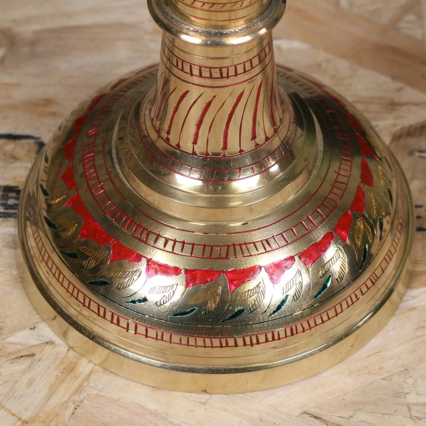 Vintage 60cm Large Brass Vase Hand Painted and Etched - Red