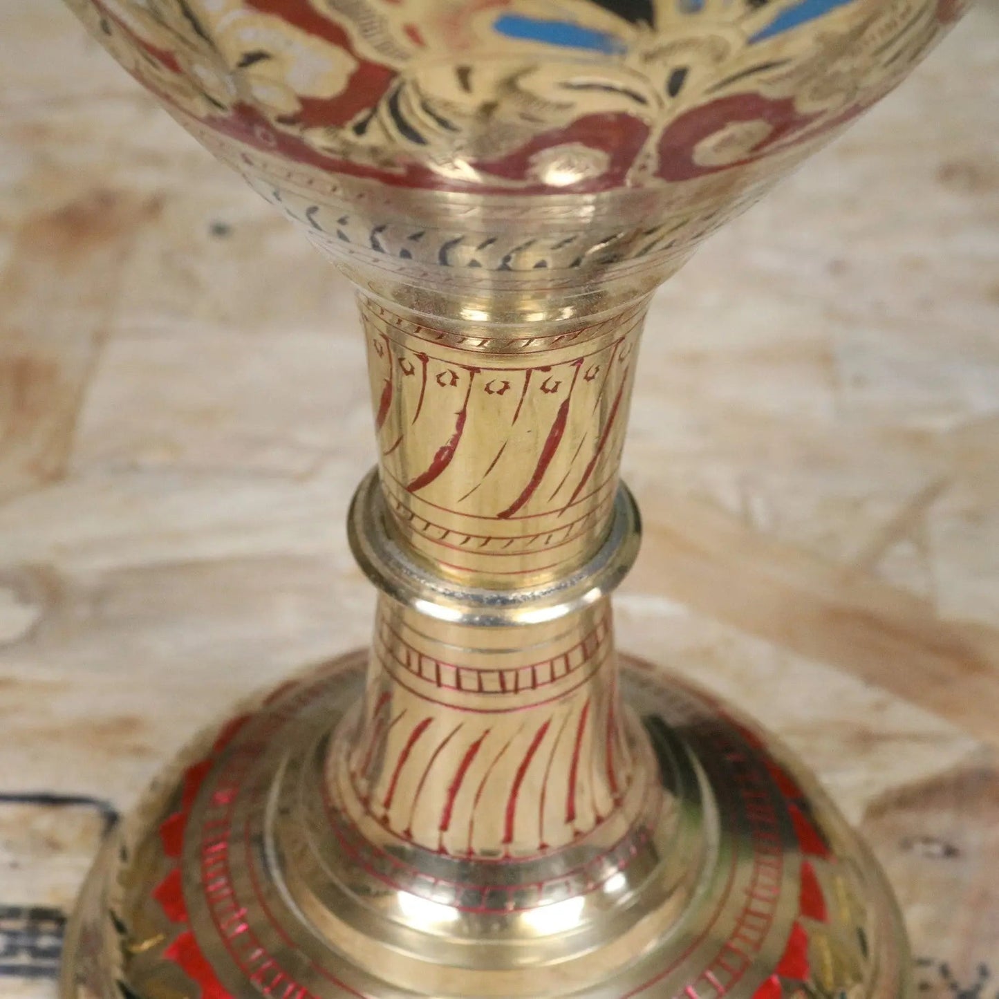 Vintage 60cm Large Brass Vase Hand Painted and Etched - Red