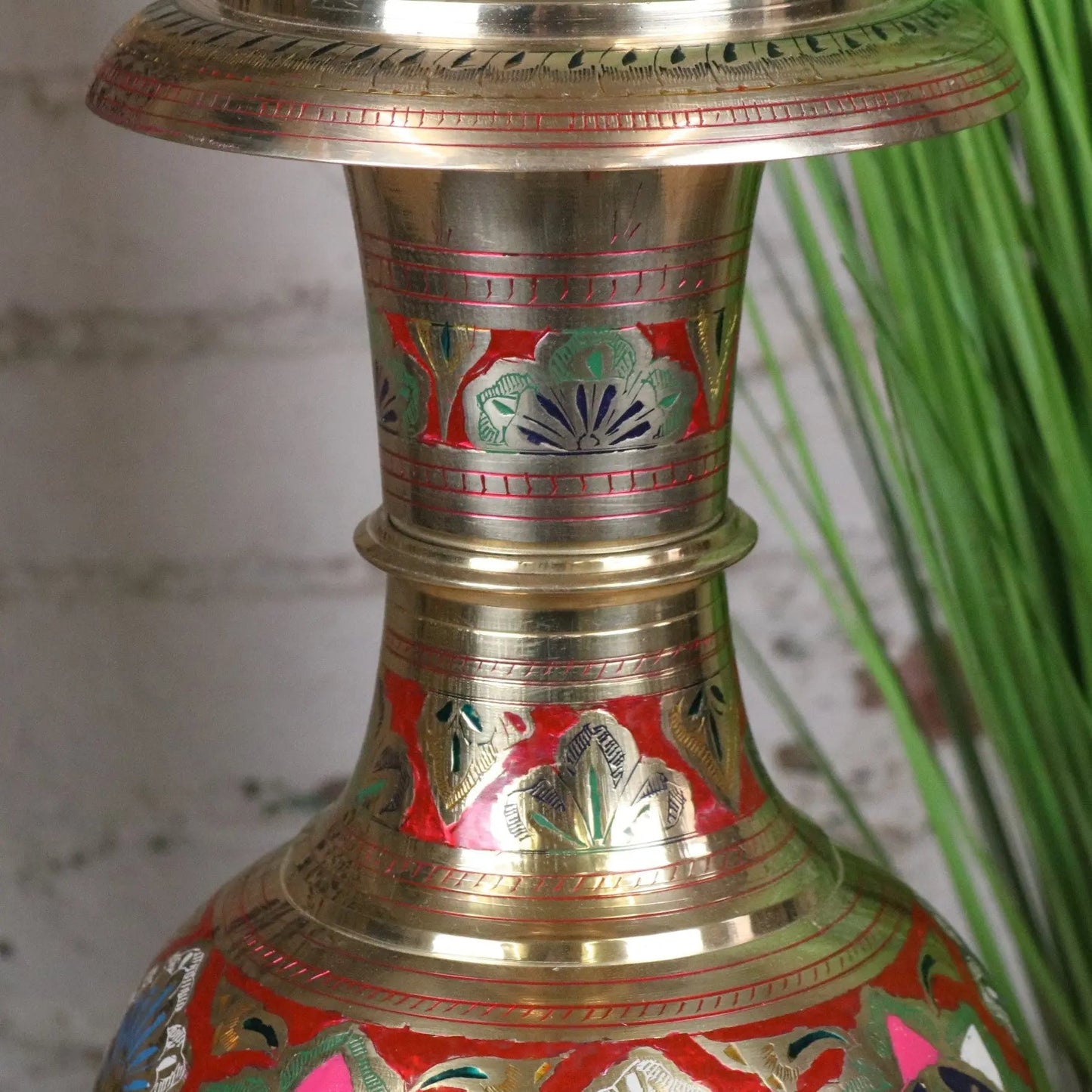 Vintage 60cm Large Brass Vase Hand Painted and Etched - Red