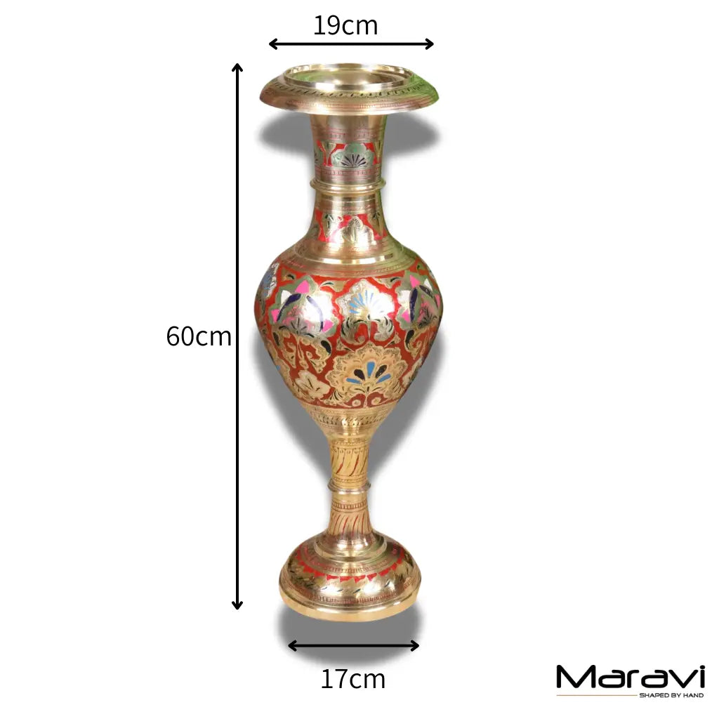 Vintage 60cm Large Brass Vase Hand Painted and Etched - Red