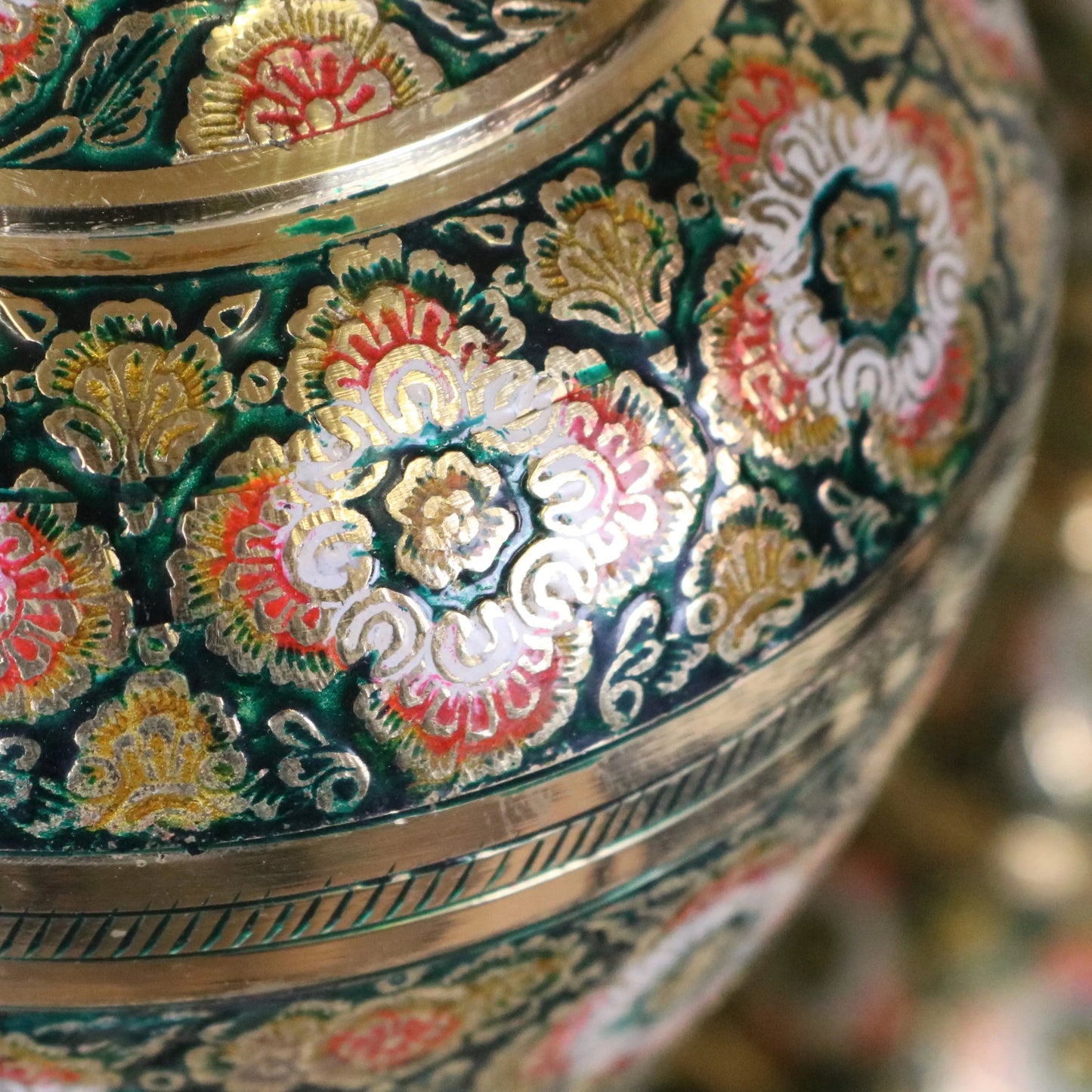 Vintage Brass Vase Pair 38cm Hand Painted and Etched
