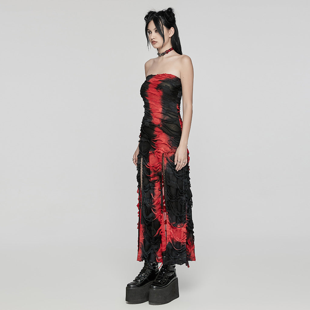 Punk Rave Ebril Red and Black Distressed Look Maxi Dress