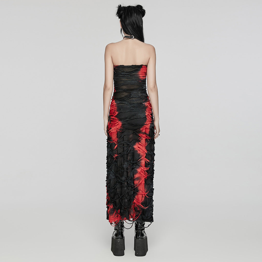 Punk Rave Ebril Red and Black Distressed Look Maxi Dress
