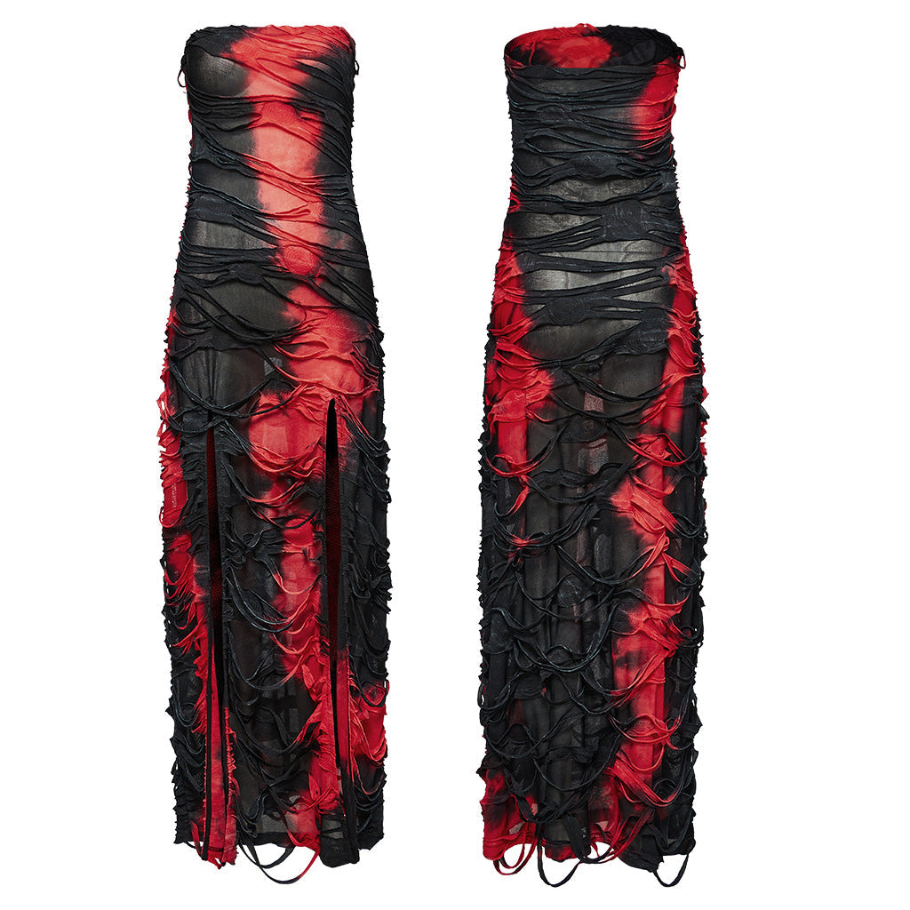 Punk Rave Ebril Red and Black Distressed Look Maxi Dress