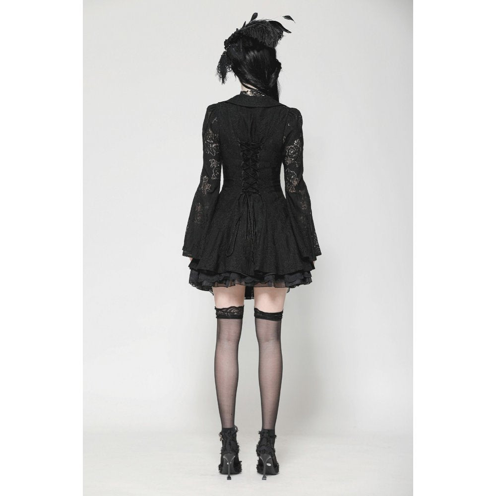 Dark in Love Luca Black Hollow Lace Gemstone Button Adjustable Waist Dress