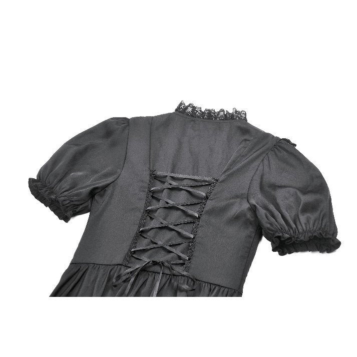 Dark in Love Belladonna Lace-Up High Collar Puff Sleeve Goth Dress in Black