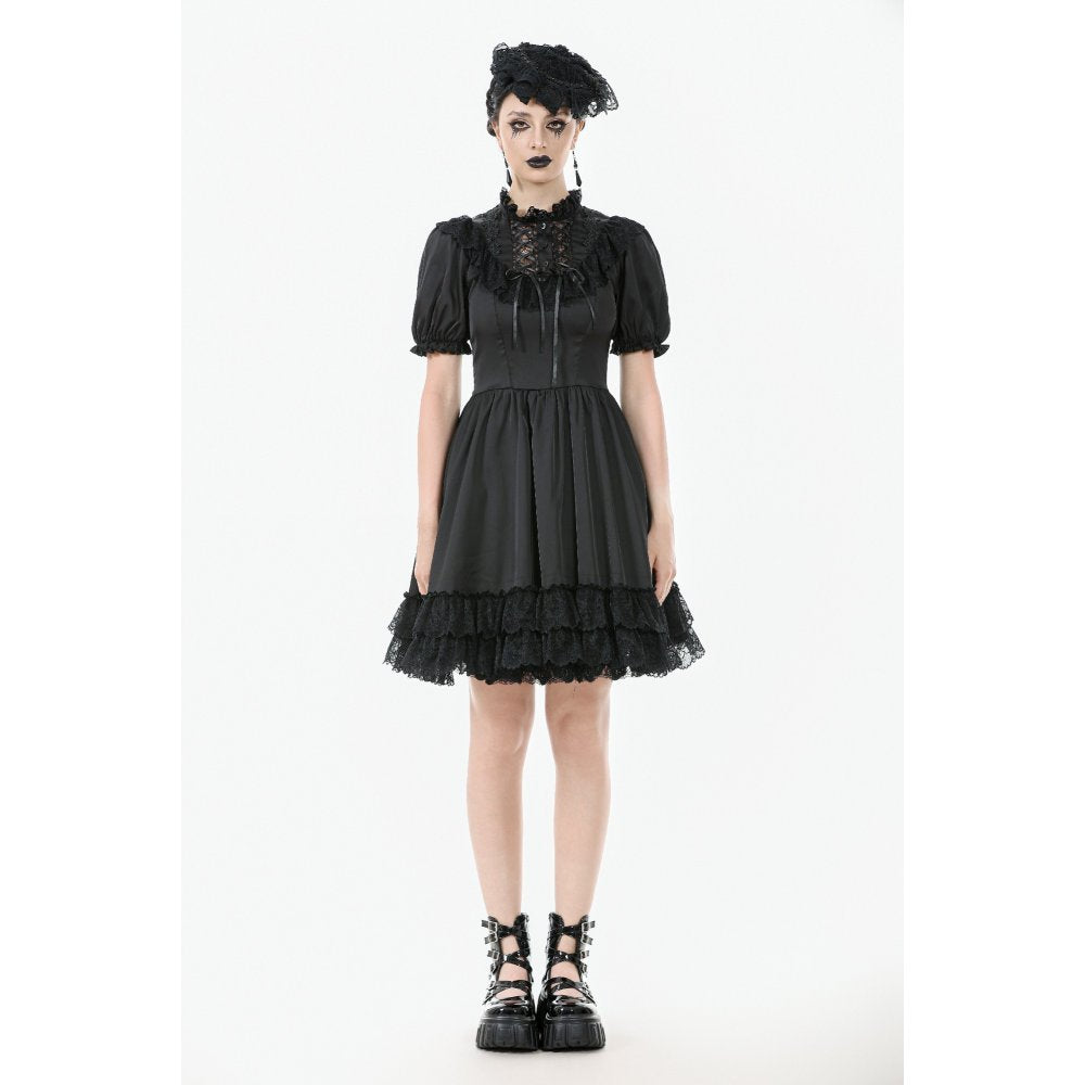 Dark in Love Belladonna Lace-Up High Collar Puff Sleeve Goth Dress in Black