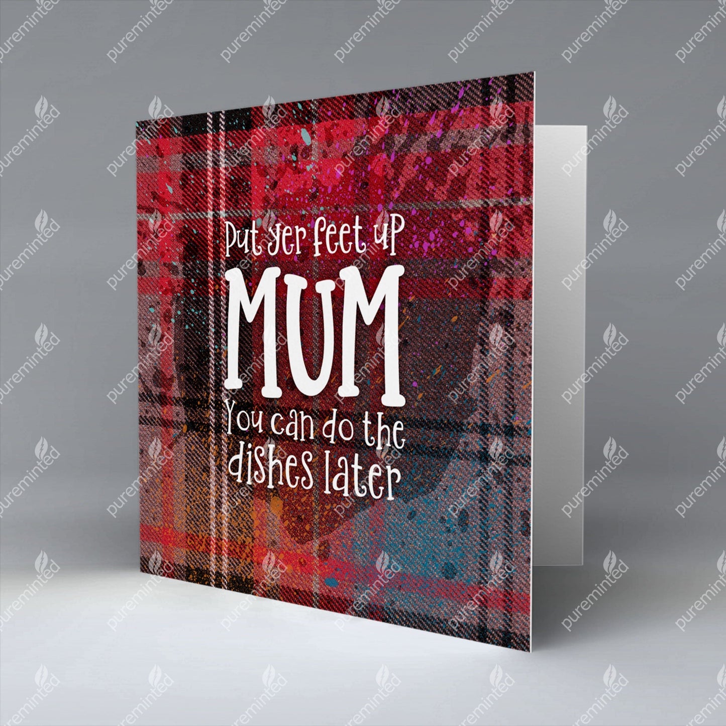Put yer feet up mum - Red Tartan - Greetings Card