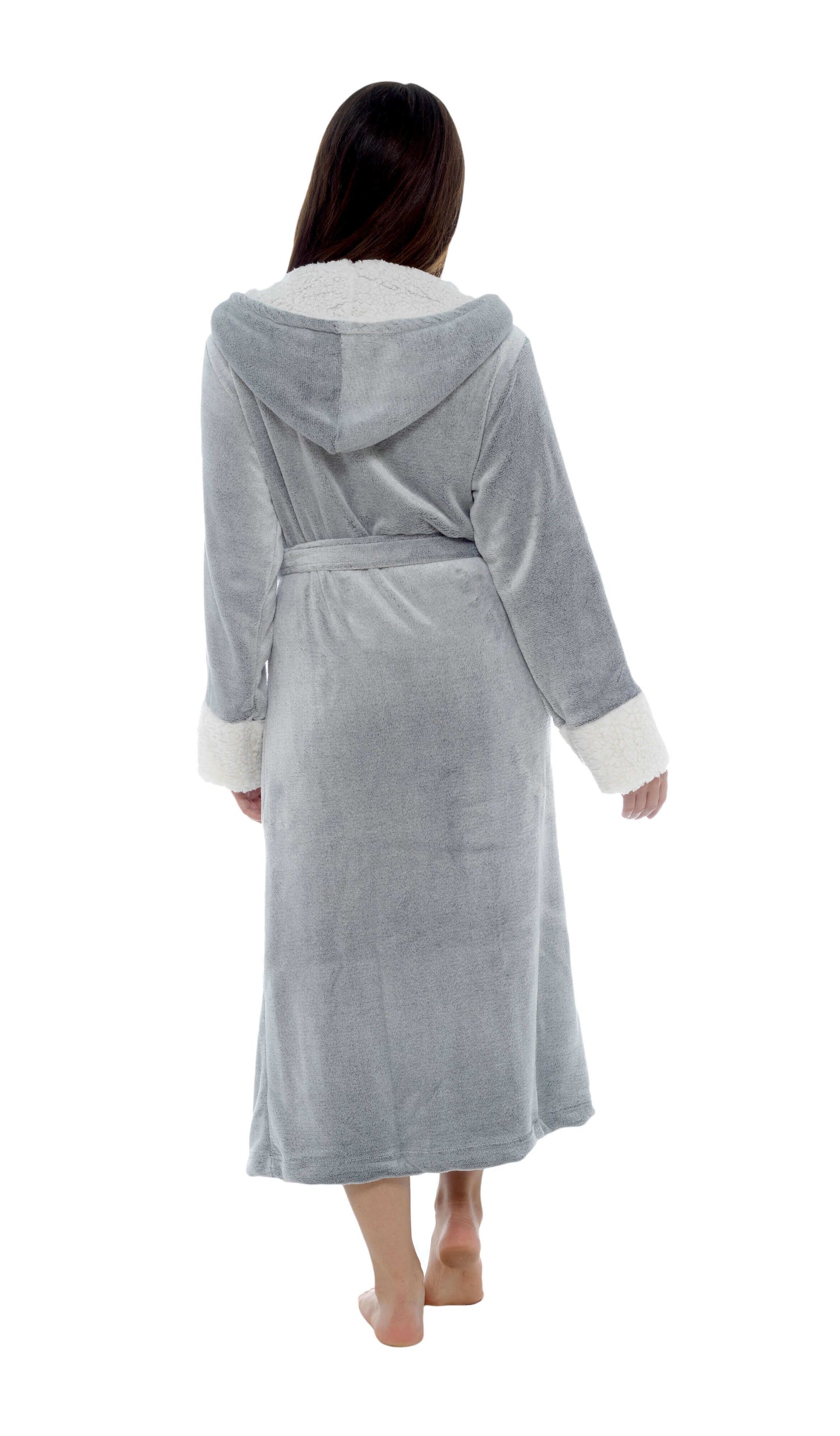 Luxurious Women's Fleece Dressing Gown with Sherpa Fur Hood Plush Flannel Bath Robe Elegant Shimmer Grey Soft Cozy Loungewear by Daisy Dreamer