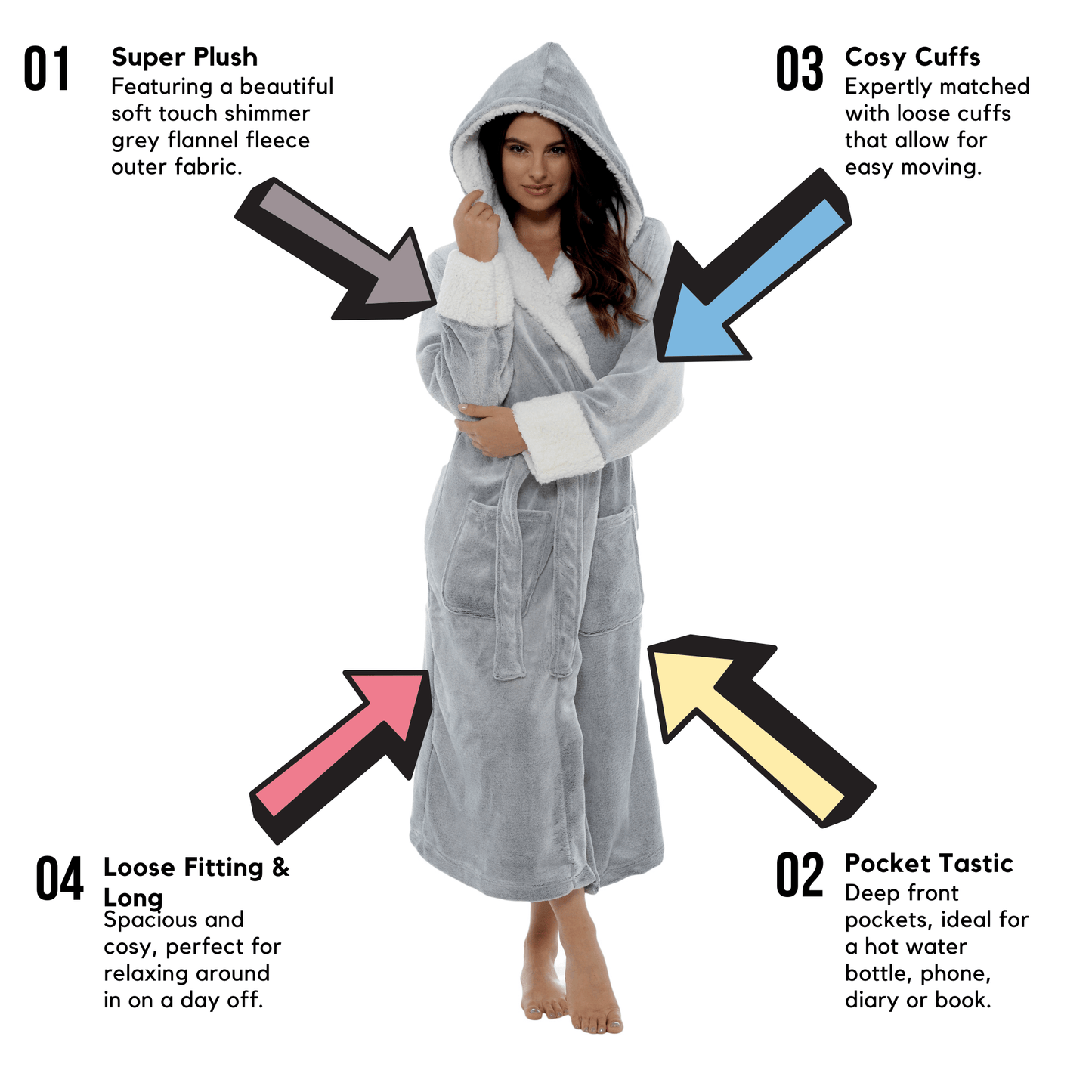 Luxurious Women's Fleece Dressing Gown with Sherpa Fur Hood Plush Flannel Bath Robe Elegant Shimmer Grey Soft Cozy Loungewear by Daisy Dreamer