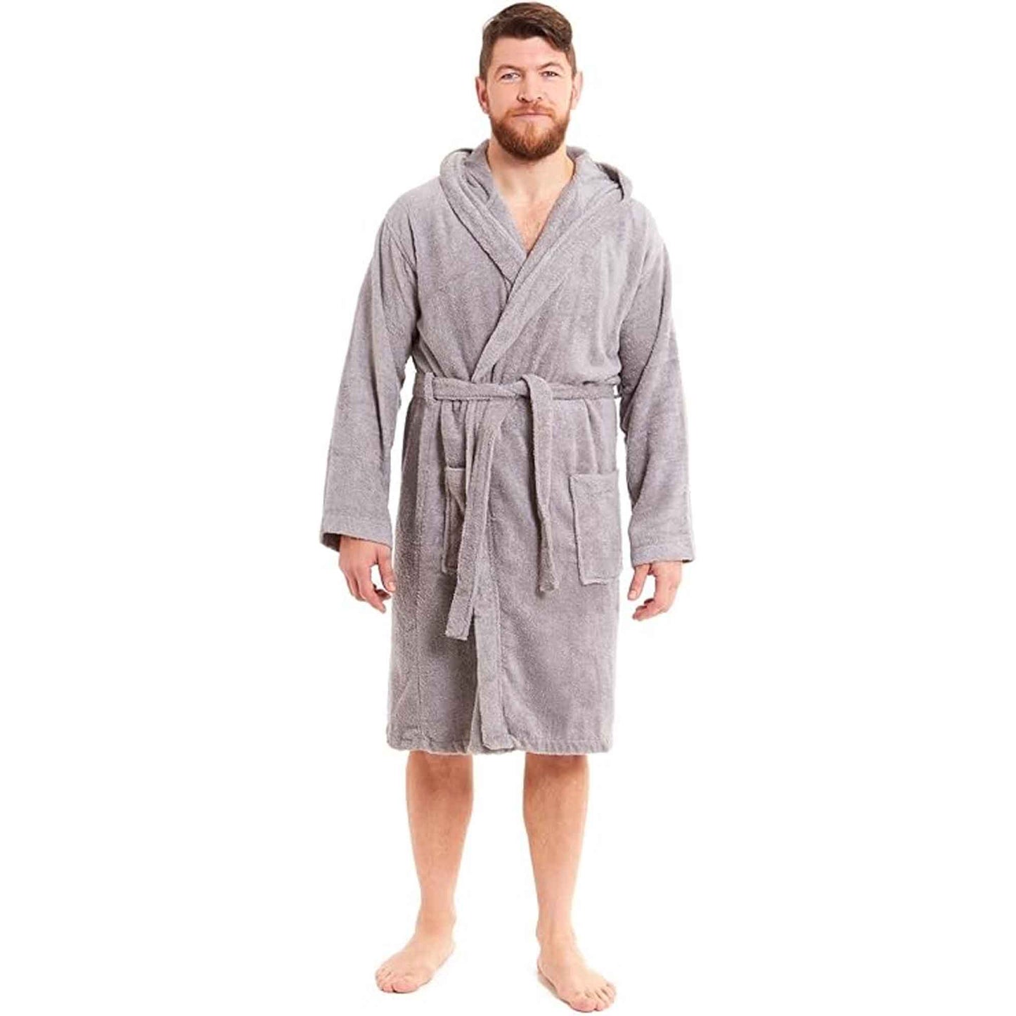 Men's Bamboo Hooded Bath Robe Ultra Absorbent Towelling Dressing Gown for Hotels Gyms Spas with Soft Breathable Cotton Blend Quick Dry Grey White by Sock Stack