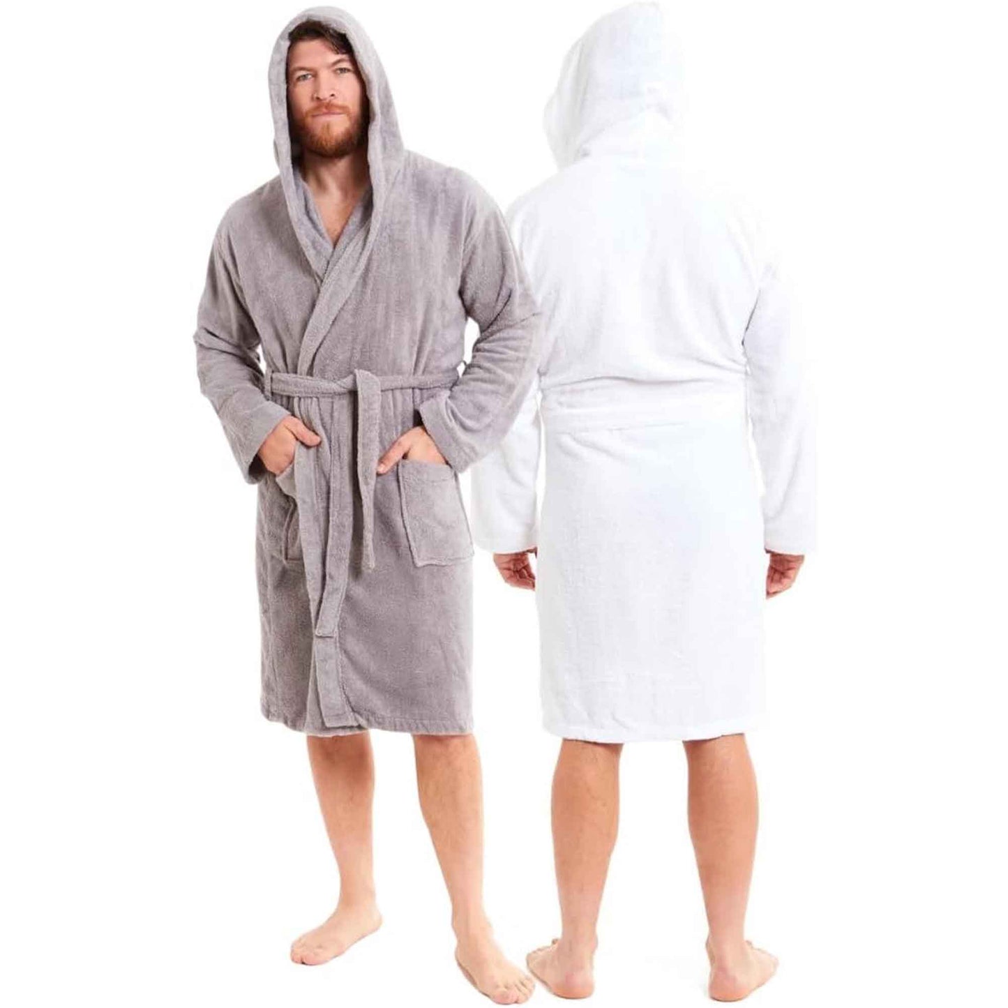 Men's Bamboo Hooded Bath Robe Ultra Absorbent Towelling Dressing Gown for Hotels Gyms Spas with Soft Breathable Cotton Blend Quick Dry Grey White by Sock Stack