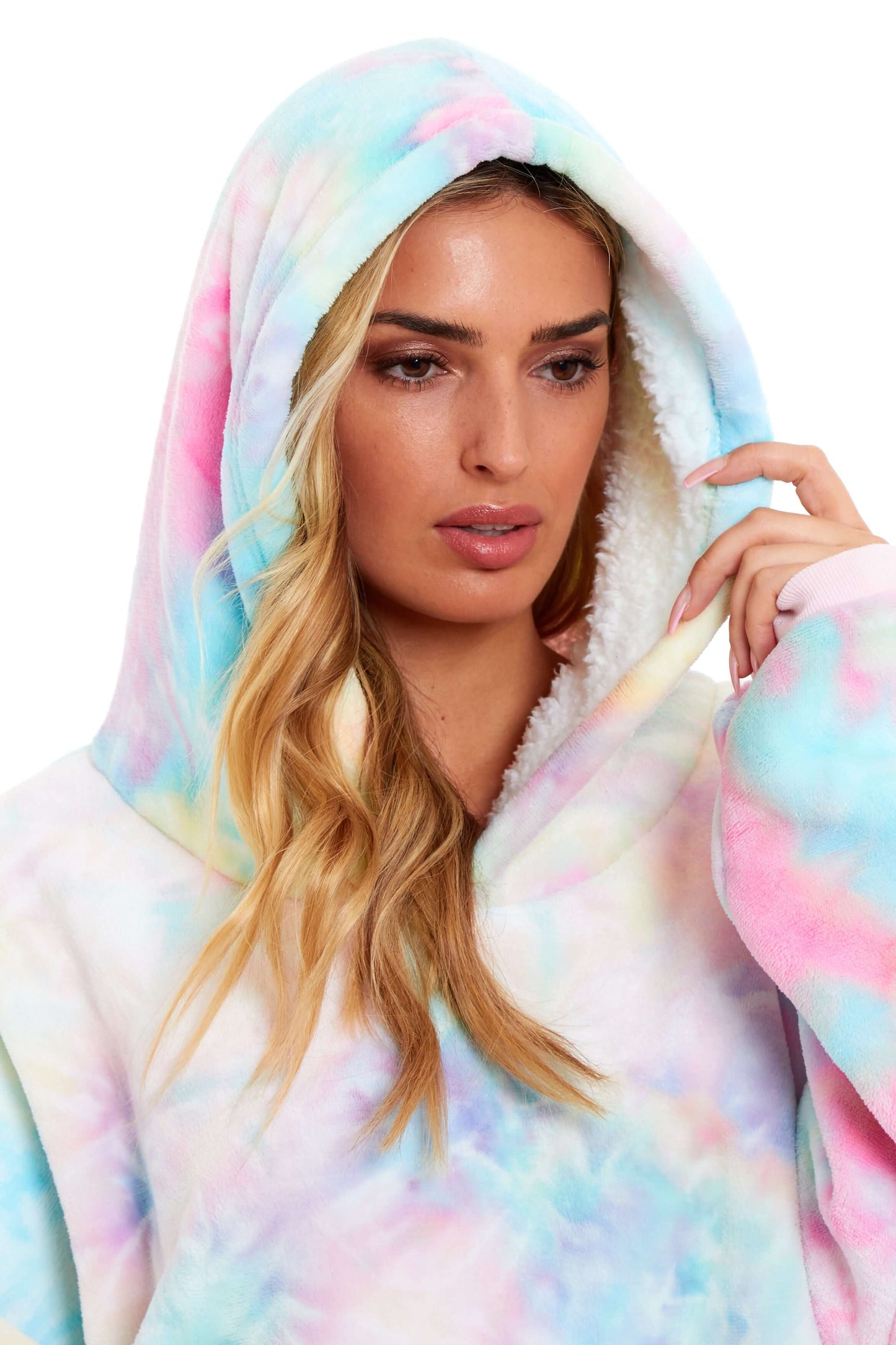 Tie Dye Rainbow Oversized Hooded Plush Fleece Wearable Blanket with Sherpa, Elastic Cuffs, and Double Pocket for Adults and Kids by Daisy Dreamer