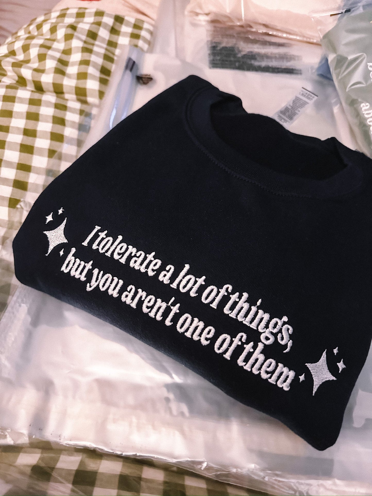 I Tolerate A Lot Of Things, But You Aren't One Of Them embroidered crewneck sweatshirt
