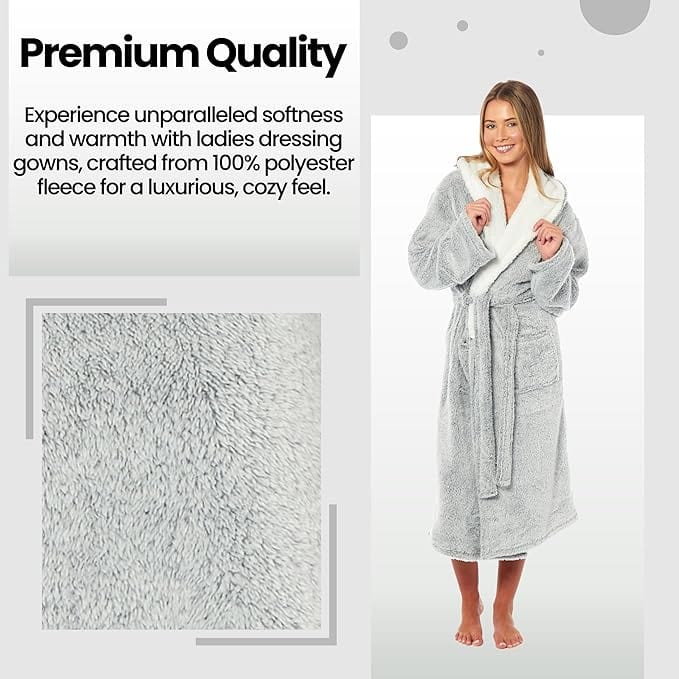 Women's Soft Plush Shimmer Fleece Hooded Bath Robe Luxurious Dressing Gown for Lounging and Sleeping in Shimmer Grey Multiple Sizes by Daisy Dreamer