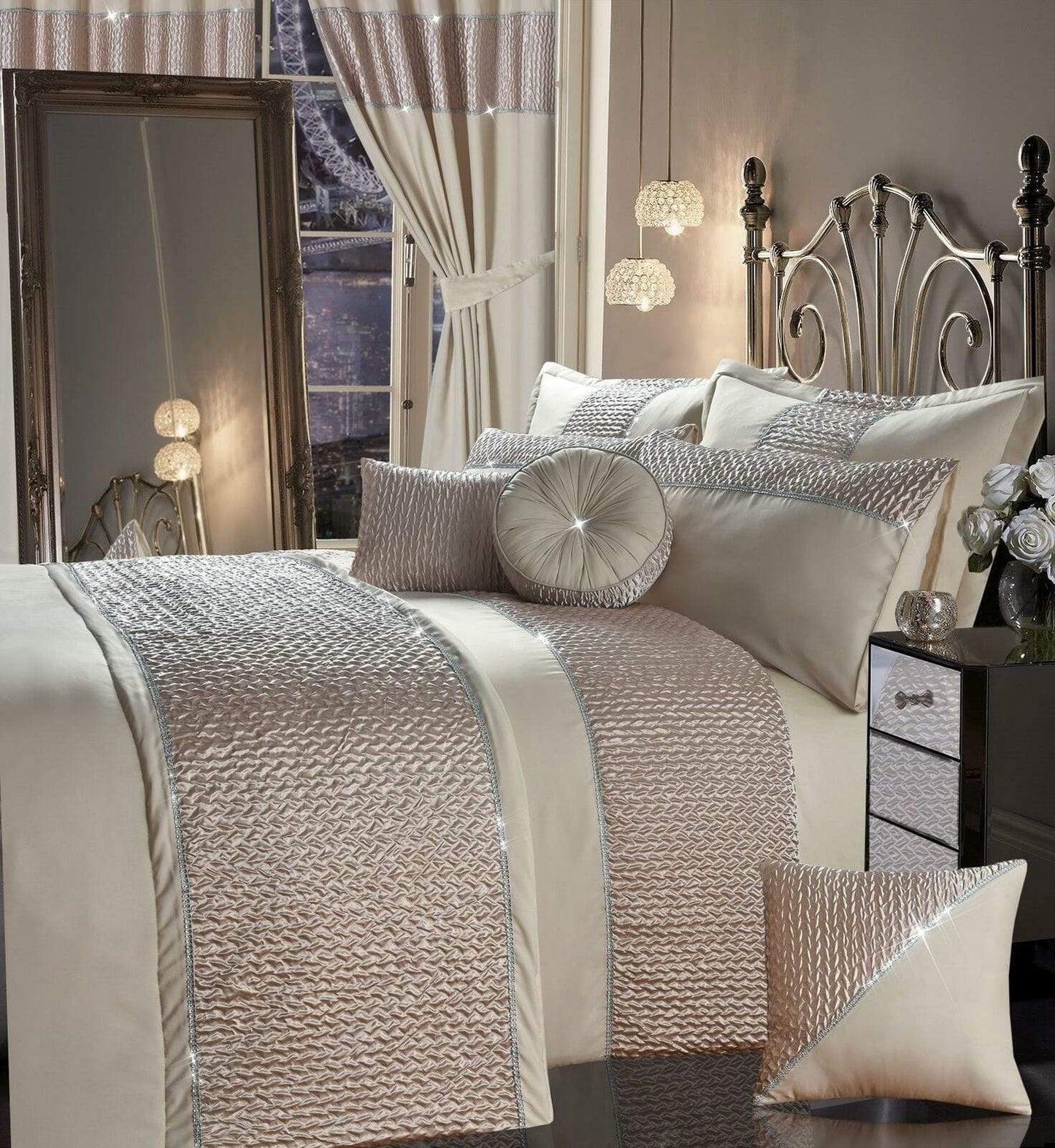 Zenia Luxurious Duvet Cover Set with Quilted Trim and Diamante Detailing Available in Single Double Kingb and Super King Sizes by OLIVIA ROCCO