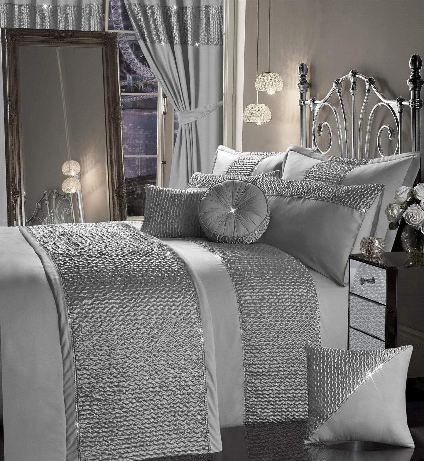Zenia Luxurious Duvet Cover Set with Quilted Trim and Diamante Detailing Available in Single Double Kingb and Super King Sizes by OLIVIA ROCCO