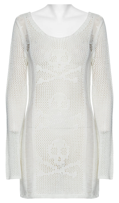 Punk Rave Teuta Skull and Crossed Bones Knitted Mesh Dress in White