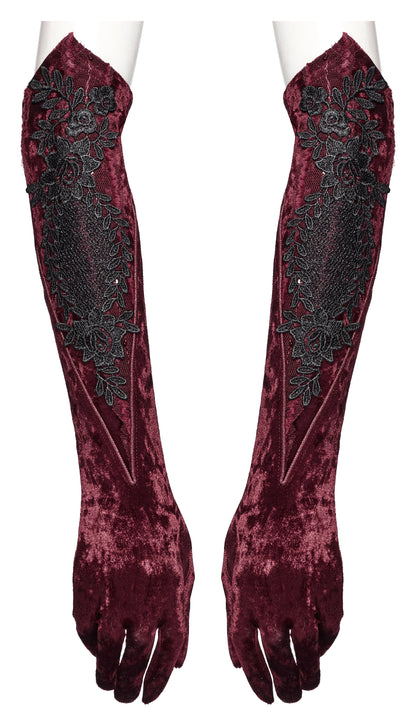 Punk Rave Selene Embroidered Velvet Gloves in Crimson