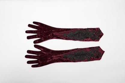 Punk Rave Selene Embroidered Velvet Gloves in Crimson