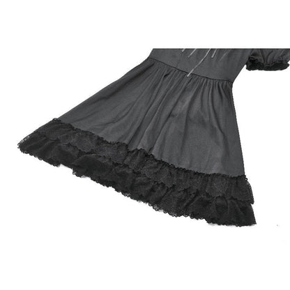 Dark in Love Belladonna Lace-Up High Collar Puff Sleeve Goth Dress  in Black