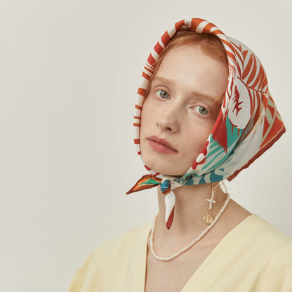 Vibrant Jungle Bloom Silk Scarf - 53cm Double-Sided Print Women's Bandana with Hand-Rolled Edges