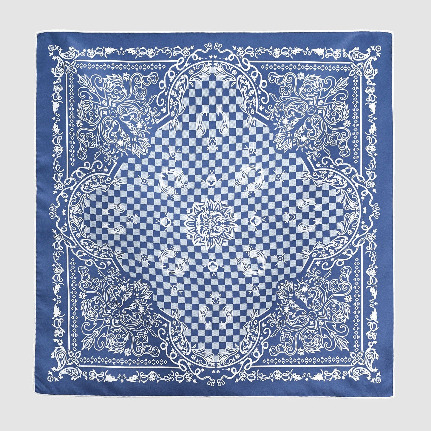 Classic Baroque Check Silk Scarf - 53cm Hand-rolled Men's Bandana Neckerchief