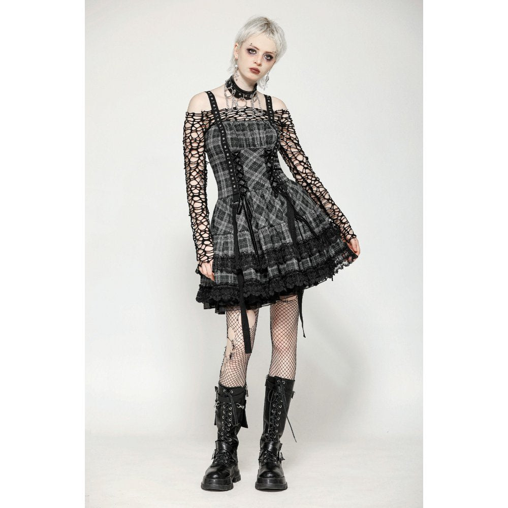 Dark in Love Ida Punk Grey Tartan Metal Studded Dress