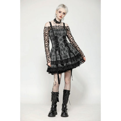Dark in Love Ida Punk Grey Tartan Metal Studded Dress