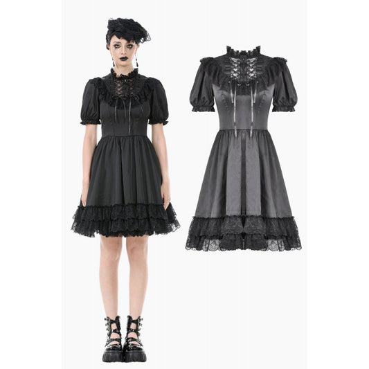 Dark in Love Belladonna Lace-Up High Collar Puff Sleeve Goth Dress  in Black
