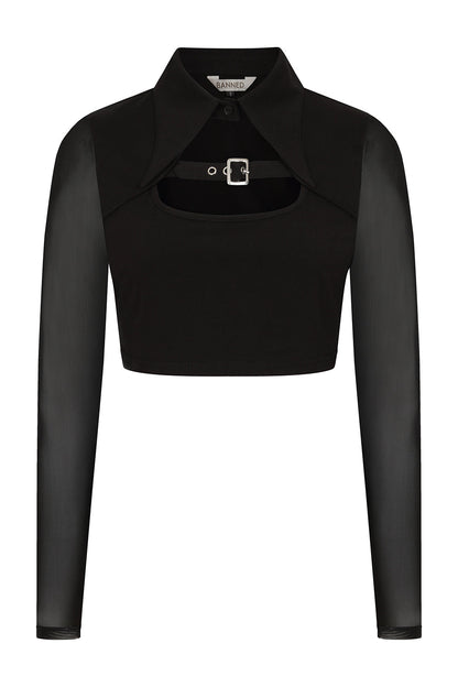 Banned Black Freyja Crop Top with Key Hole and Mesh Sleeves
