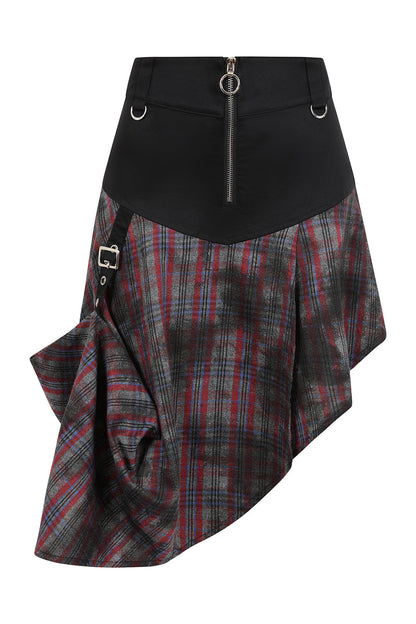 Banned Apparel Morrigan Goth Asymmetric Tartan Skirt in Red