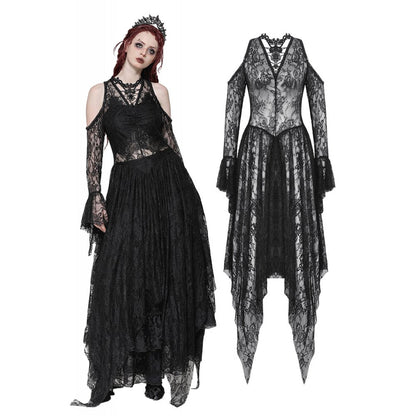 Dark in Love Carys Black Gothic Asymmetrical Lace Off-Shoulder Dress with Rhinestone Detail