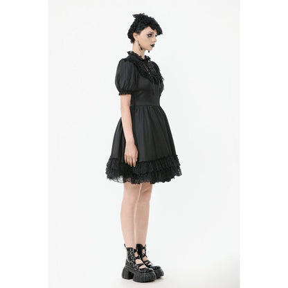 Dark in Love Belladonna Lace-Up High Collar Puff Sleeve Goth Dress  in Black