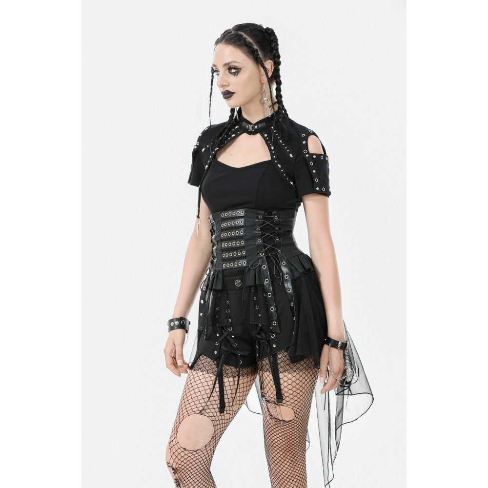 Dark in Love Draven Layered Mesh & Faux Leather Waist Cincher Skirt