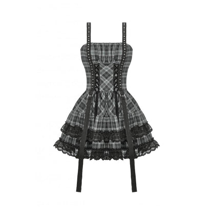 Dark in Love Ida Punk Grey Tartan Metal Studded Dress