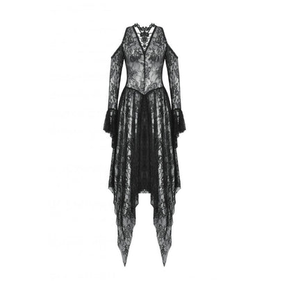 Dark in Love Carys Black Gothic Asymmetrical Lace Off-Shoulder Dress with Rhinestone Detail