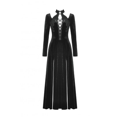 Dark in Love Vera Gothic Velvet High-Slit Maxi Dress with Hollow Neckline & Embroidered Buttons