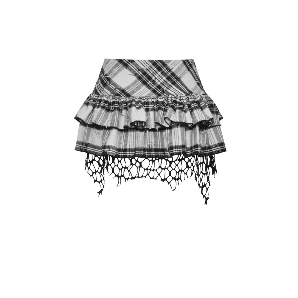Dark in Love Quinn Punk Black and White Checkered Asymmetrical Messy Net Skirt
