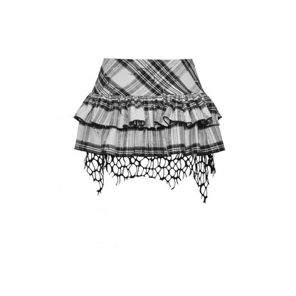 Dark in Love Quinn Punk Black and White Checkered Asymmetrical Messy Net Skirt