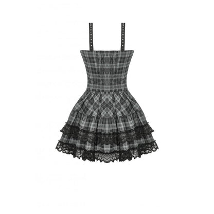 Dark in Love Ida Punk Grey Tartan Metal Studded Dress