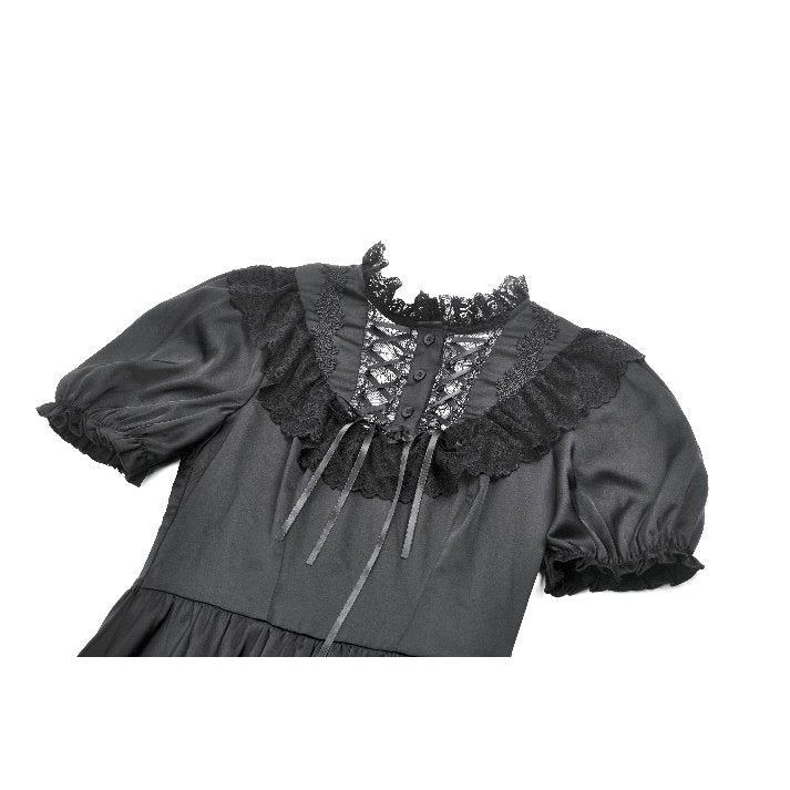 Dark in Love Belladonna Lace-Up High Collar Puff Sleeve Goth Dress  in Black