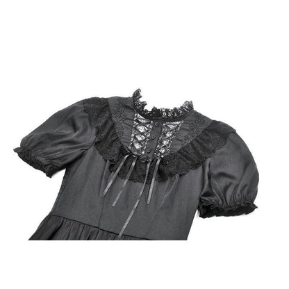 Dark in Love Belladonna Lace-Up High Collar Puff Sleeve Goth Dress  in Black