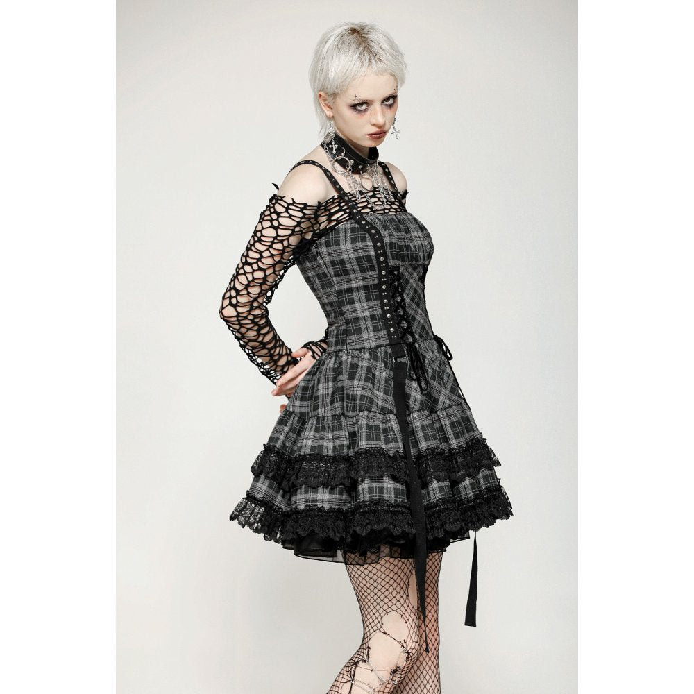 Dark in Love Ida Punk Grey Tartan Metal Studded Dress