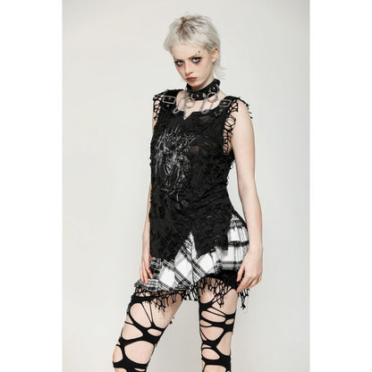 Dark in Love Quinn Punk Black and White Checkered Asymmetrical Messy Net Skirt