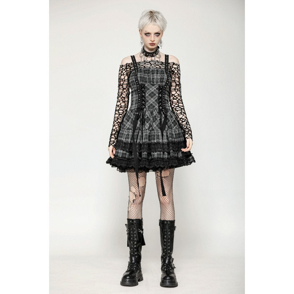 Dark in Love Ida Punk Grey Tartan Metal Studded Dress