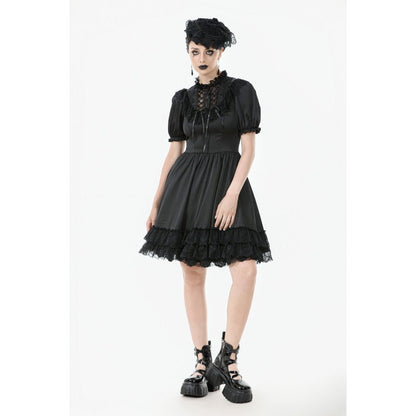 Dark in Love Belladonna Lace-Up High Collar Puff Sleeve Goth Dress  in Black