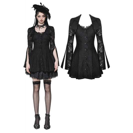 Dark in Love Luca Black Hollow Lace Gemstone Button Adjustable Waist Dress