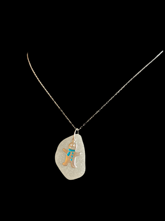 Gingerbread Man on Frosted Sea-glass 925 necklace