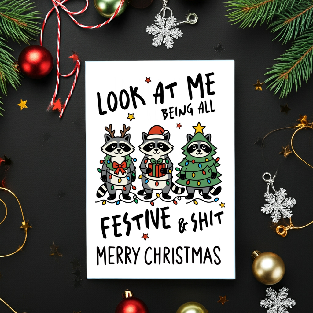 "Look at Me Being All Festive & Sh*t" Raccoon Trio A6 Funny Christmas Card